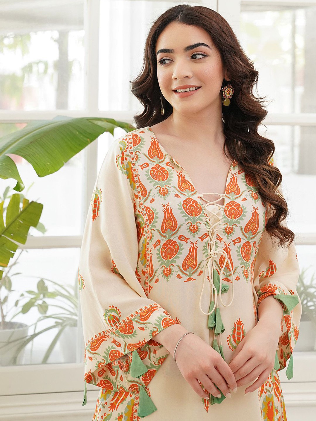 Pure Cotton Paneled Kurta Pant Set with Tie Up Neck Details & Flared Sleeves