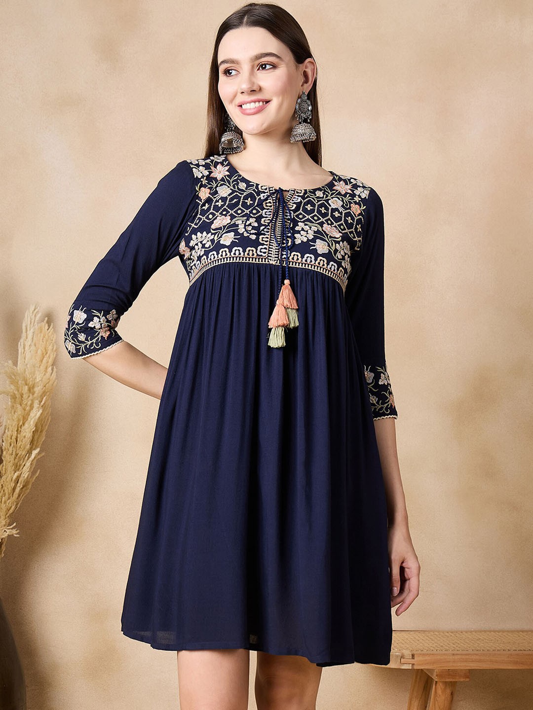 Embroidered A-Line Above Knee Dress