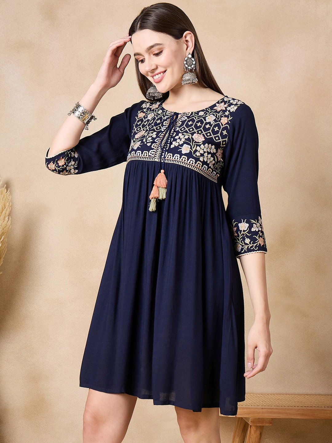 Embroidered A-Line Above Knee Dress