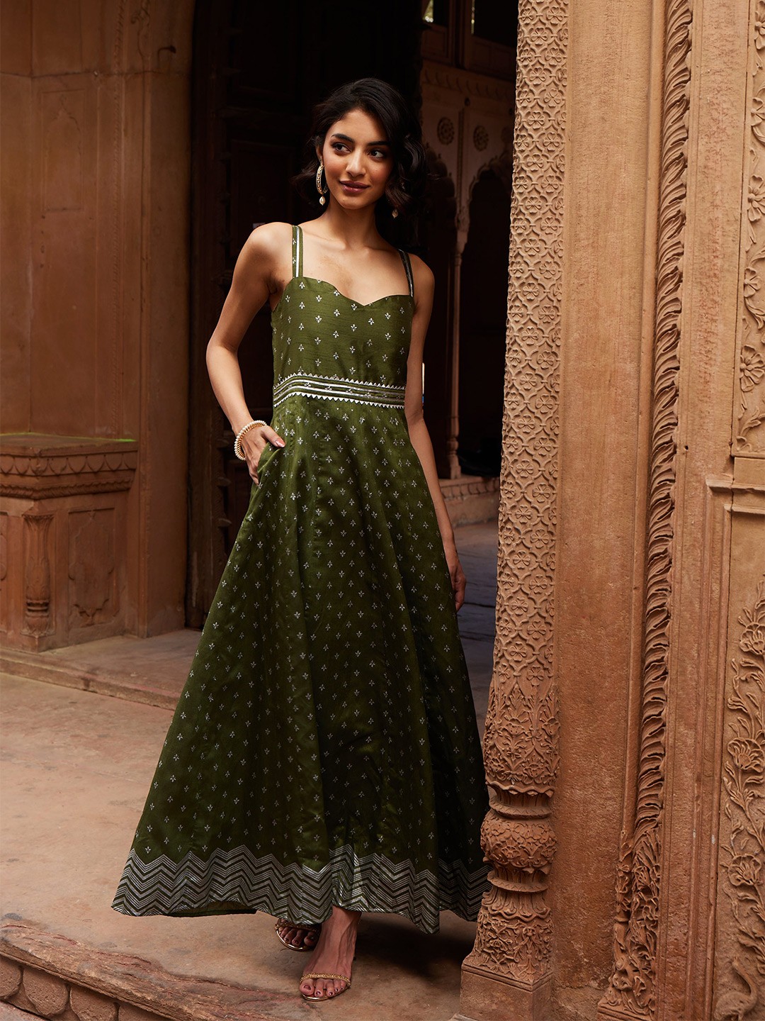 Olive Ethnic Motifs Sweetheart Neckline Dress