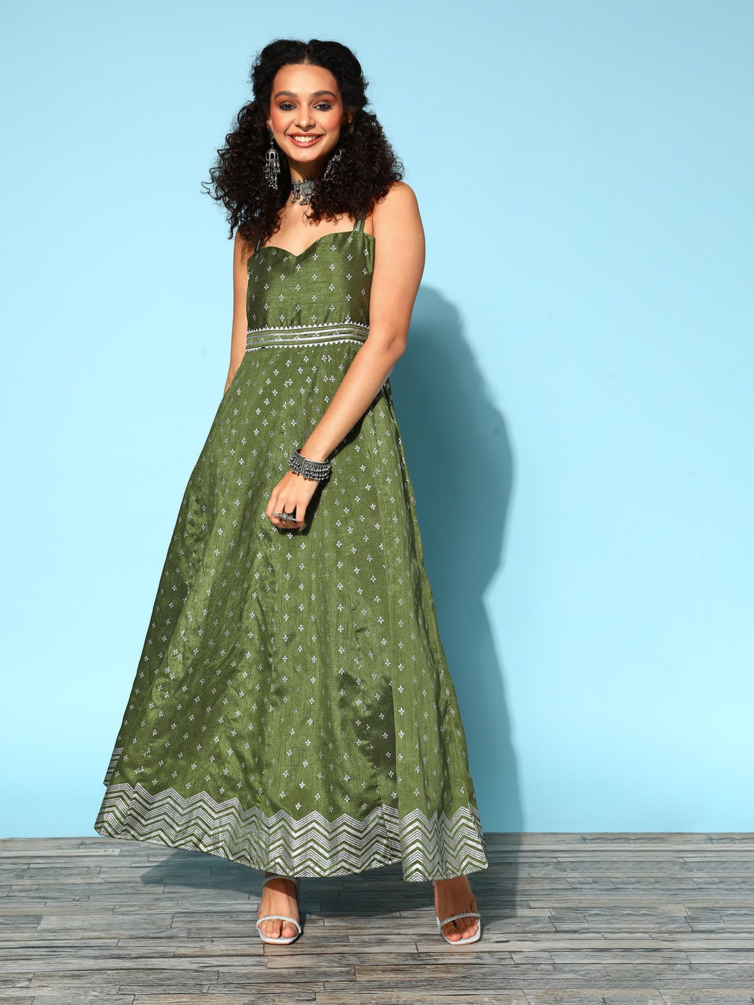 Olive Ethnic Motifs Sweetheart Neckline Dress