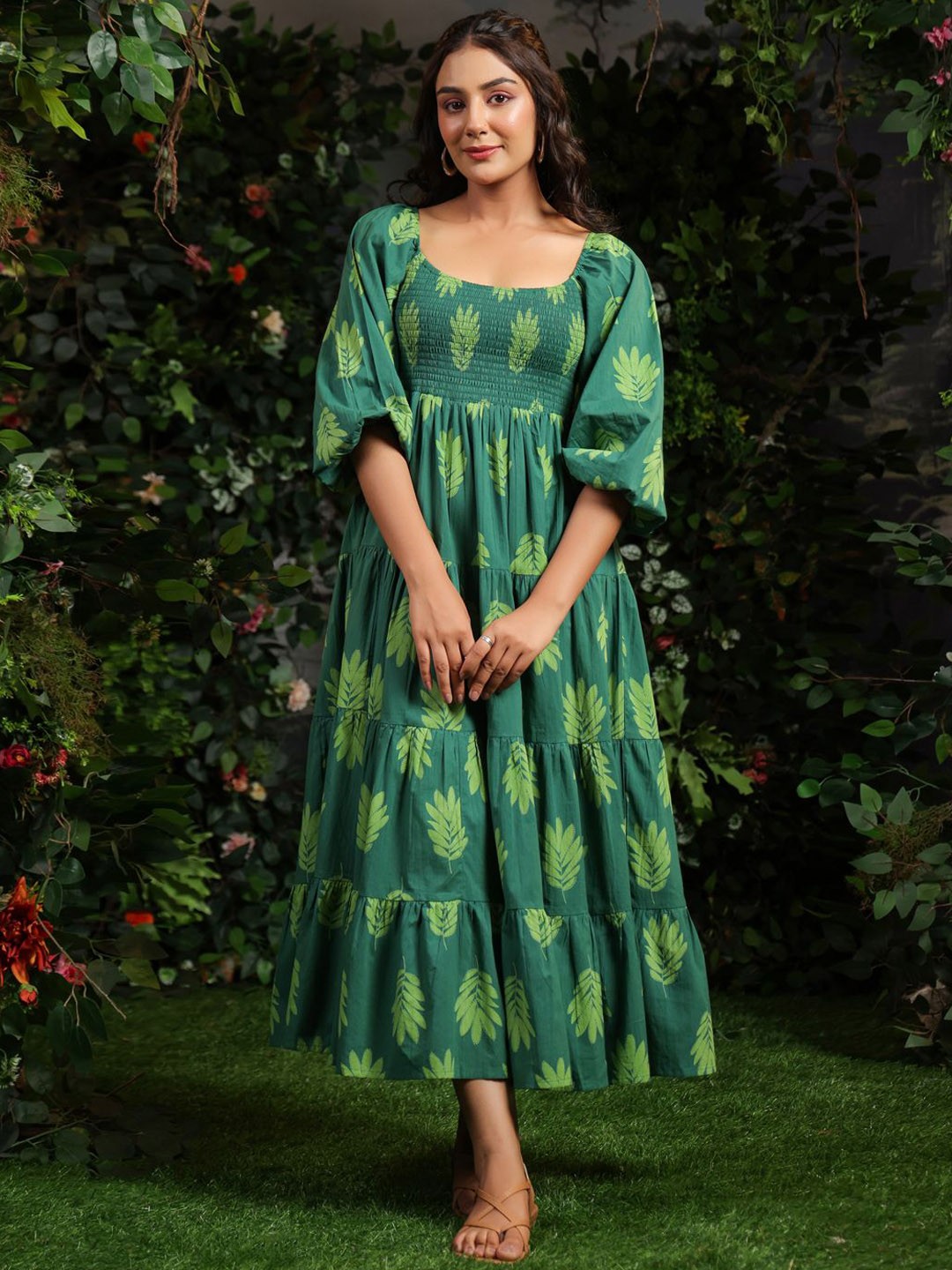 Printed Puff Sleeves Cotton Maxi Ethnic Dress
