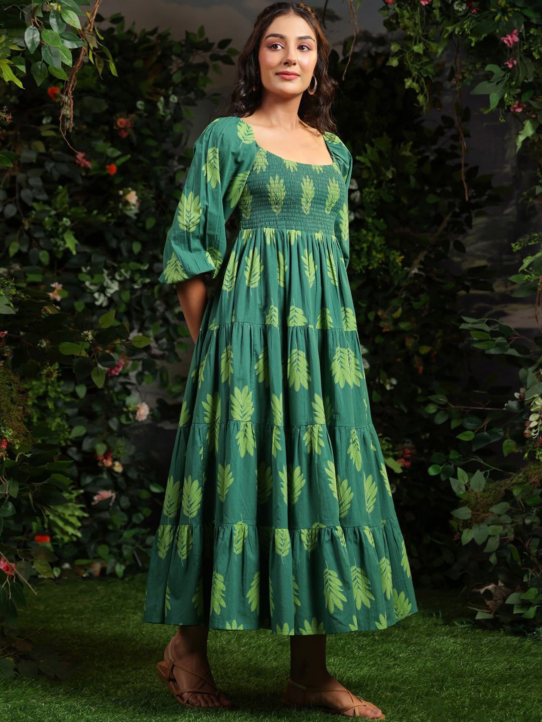 Printed Puff Sleeves Cotton Maxi Ethnic Dress
