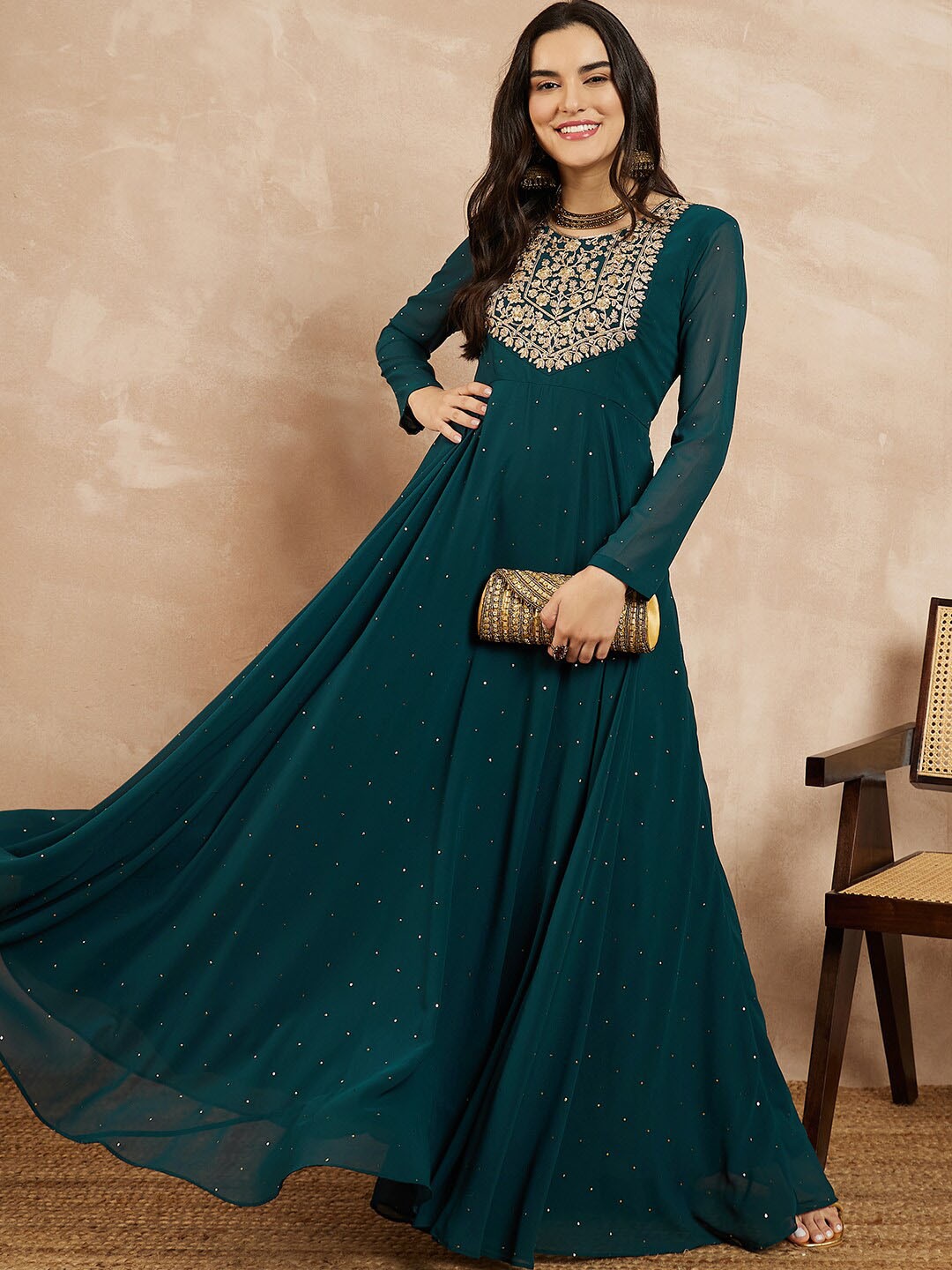 Sequined Embellished Flared Maxi Dress