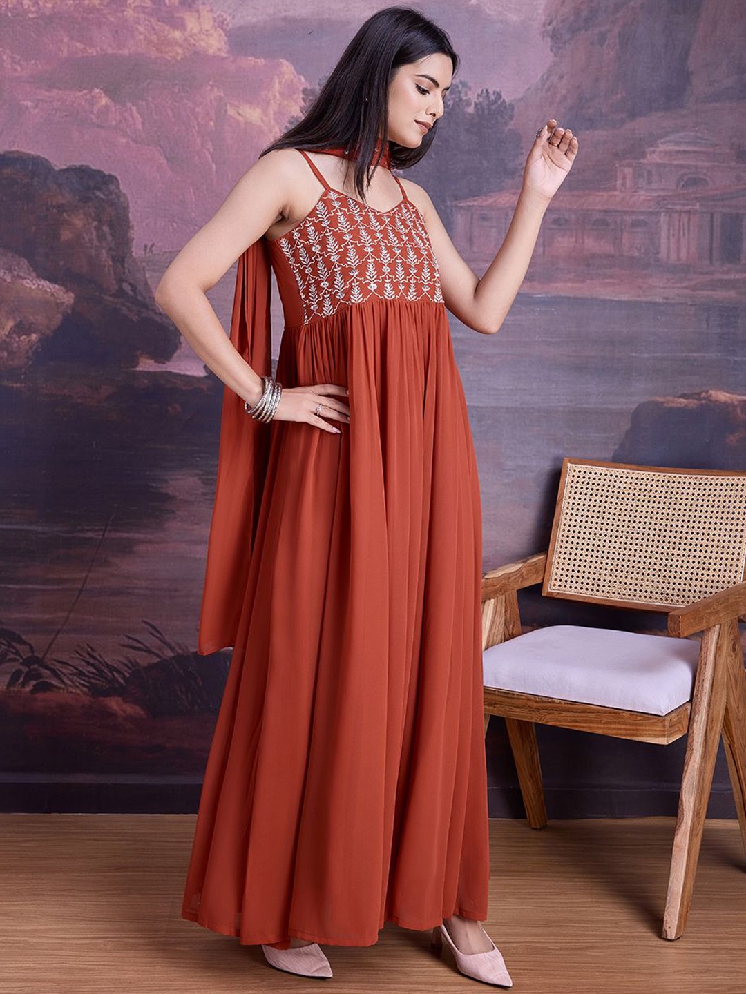 Embroidered Flared Ethnic Dress With dupatta