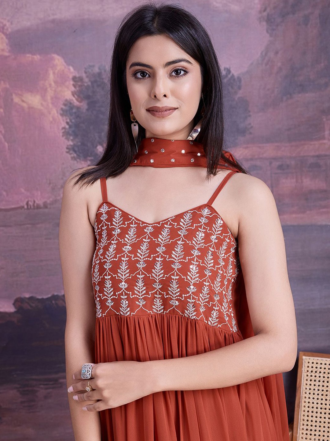 Embroidered Flared Ethnic Dress With dupatta
