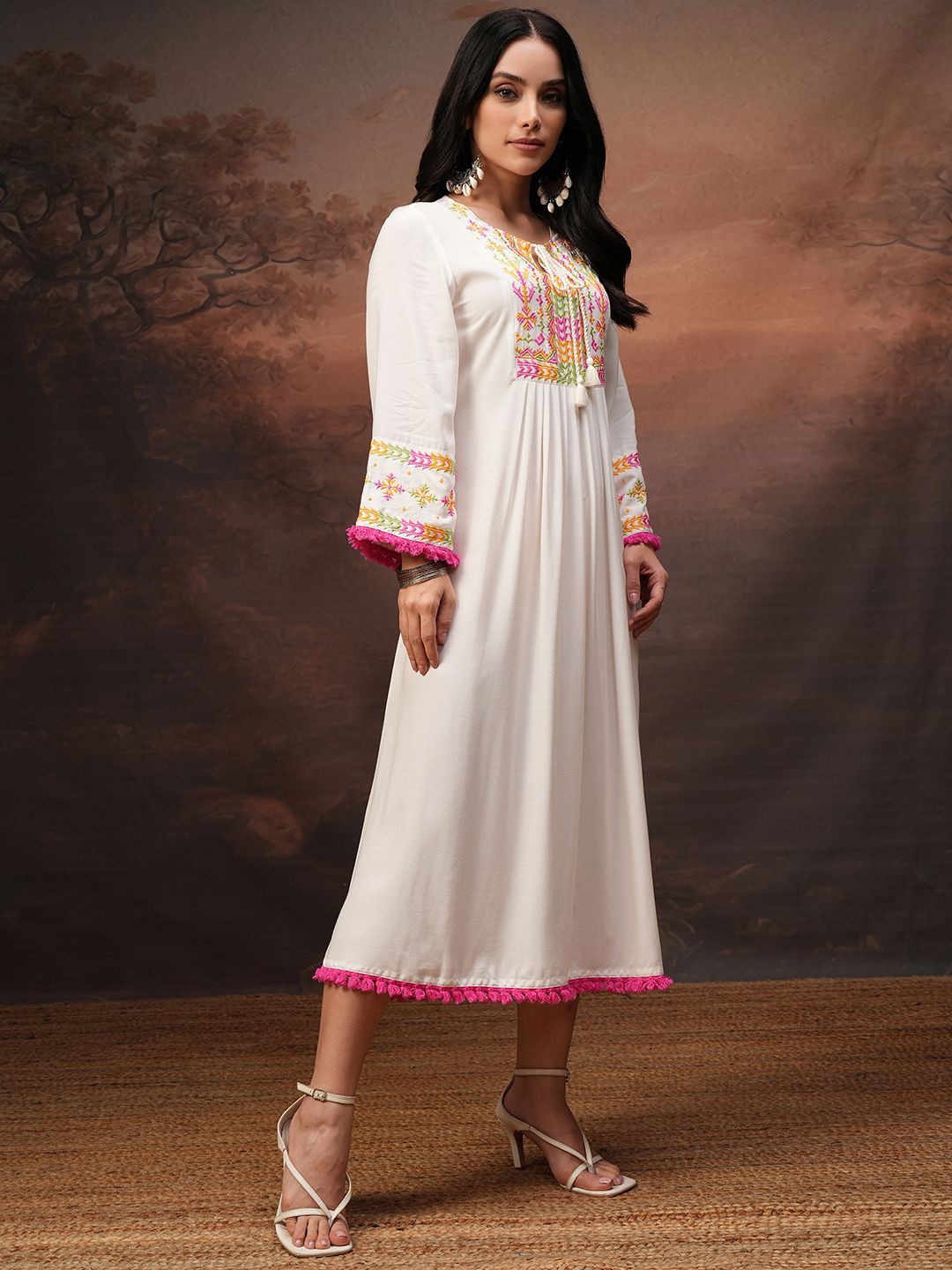 Embroidered Gathered Midi Dress