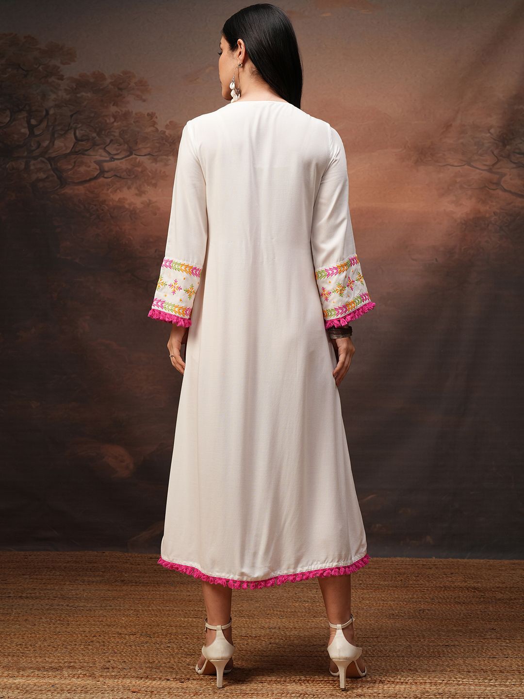 Embroidered Gathered Midi Dress
