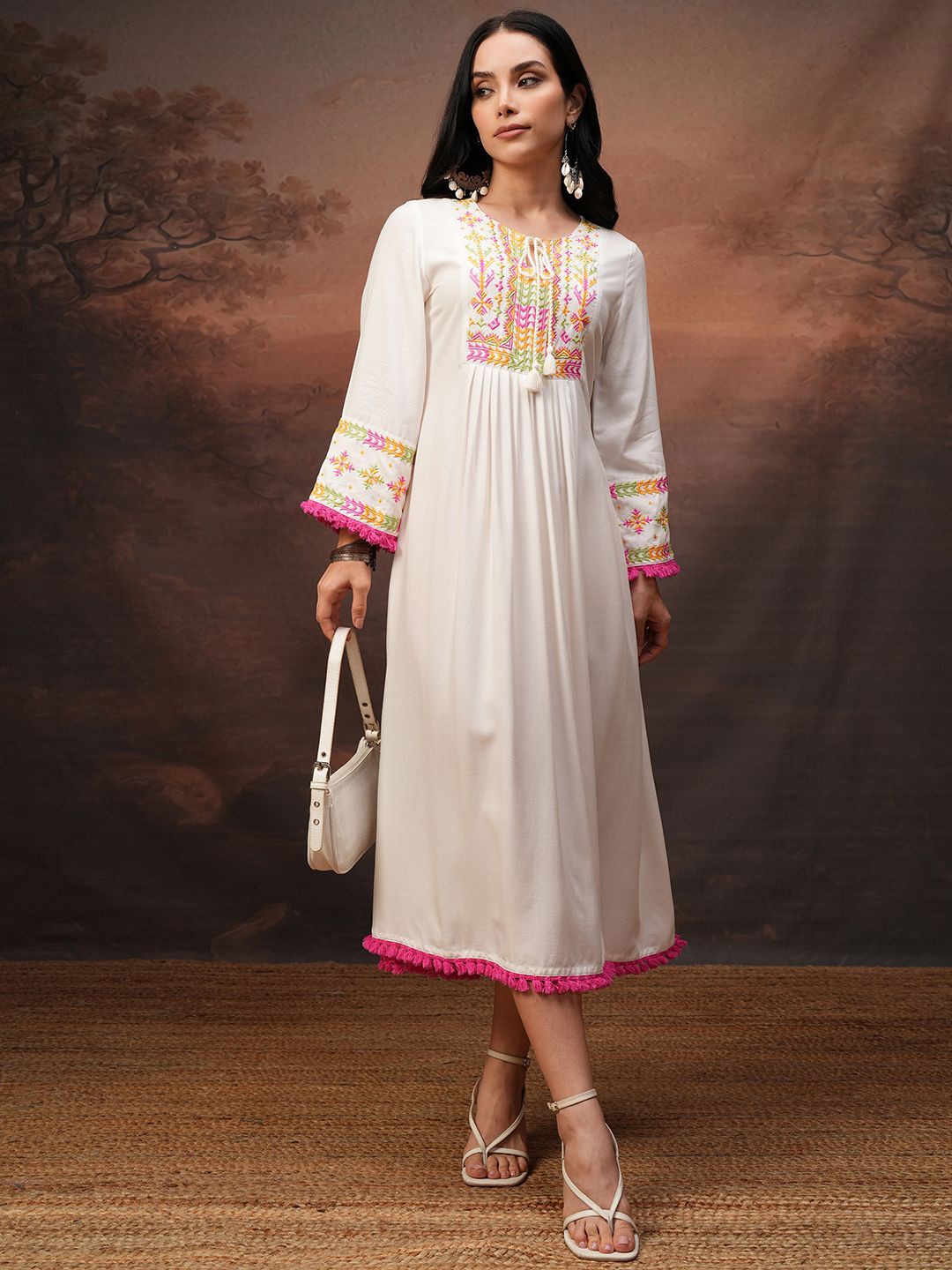 Embroidered Gathered Midi Dress