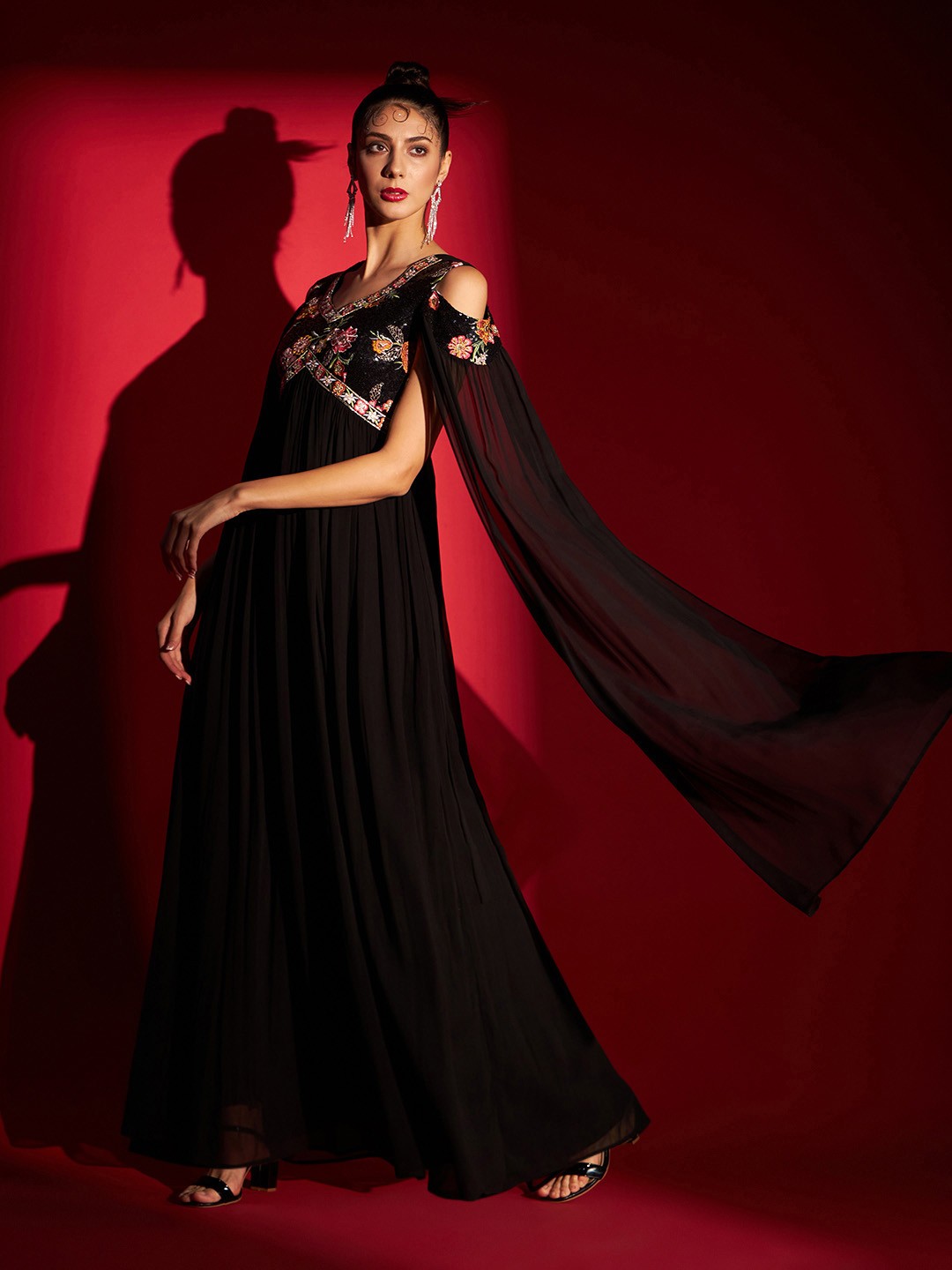 Floral Embroidered Cape Sleeves Gathered Maxi Dress