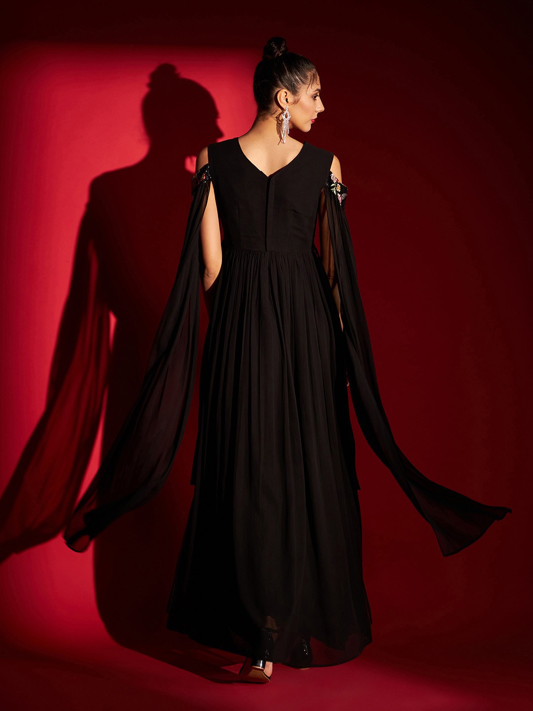 Floral Embroidered Cape Sleeves Gathered Maxi Dress