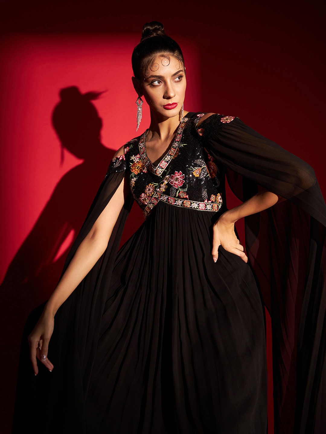 Floral Embroidered Cape Sleeves Gathered Maxi Dress