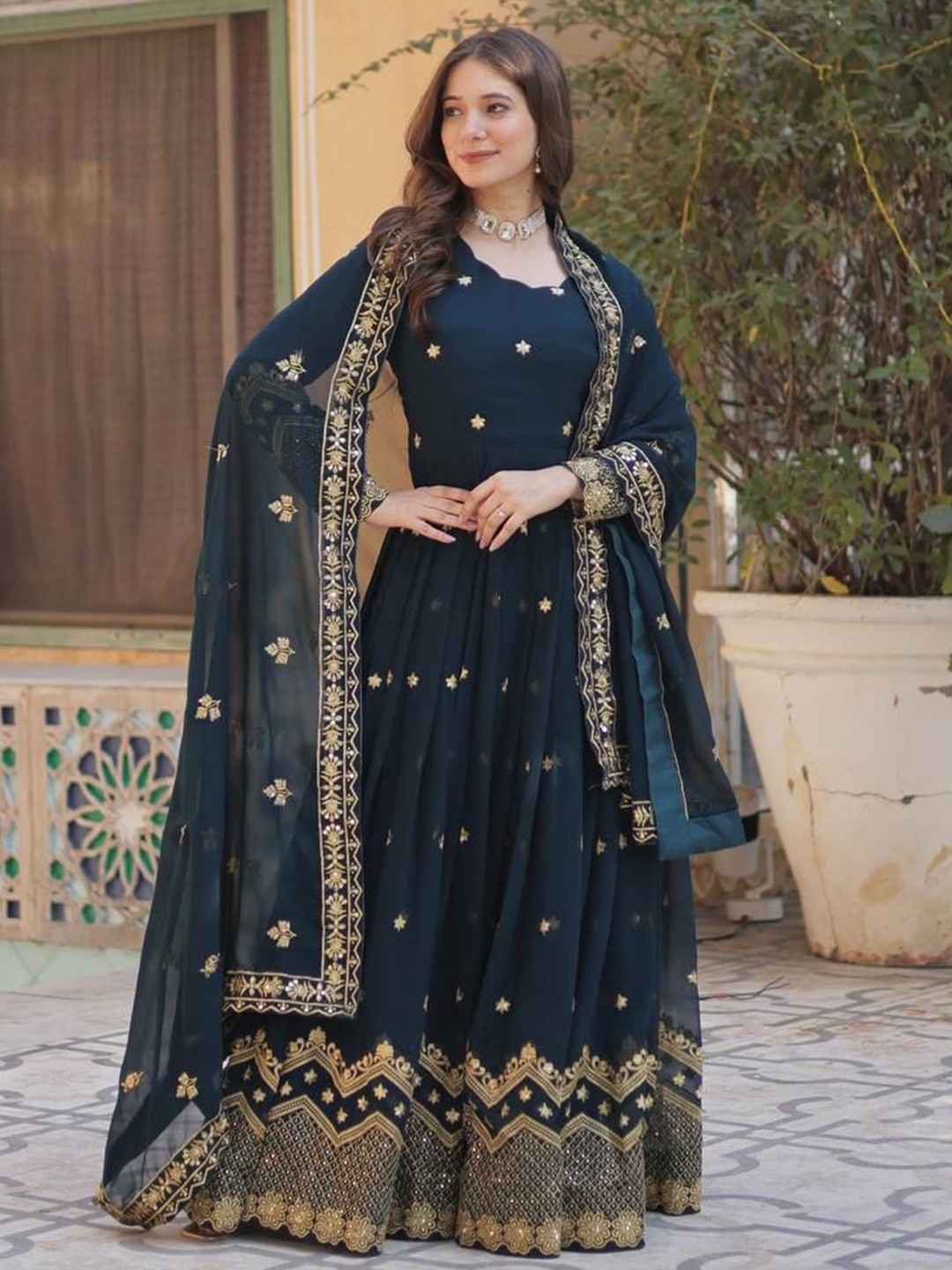 Embroidered Maxi Dress With Dupatta