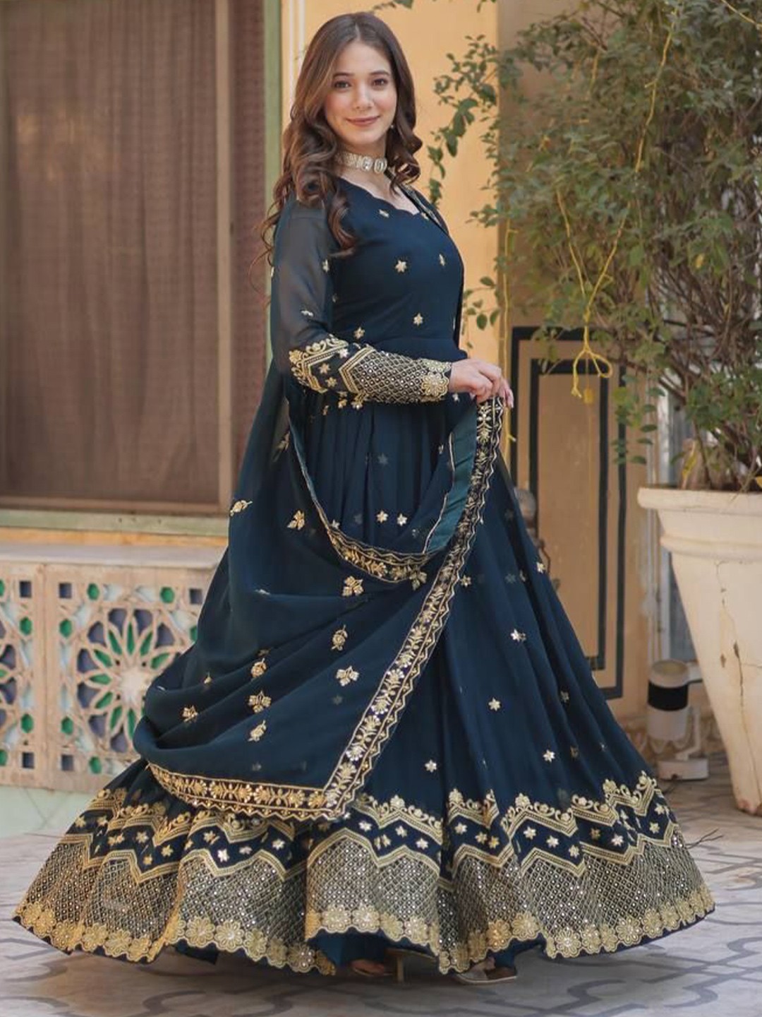 Embroidered Maxi Dress With Dupatta