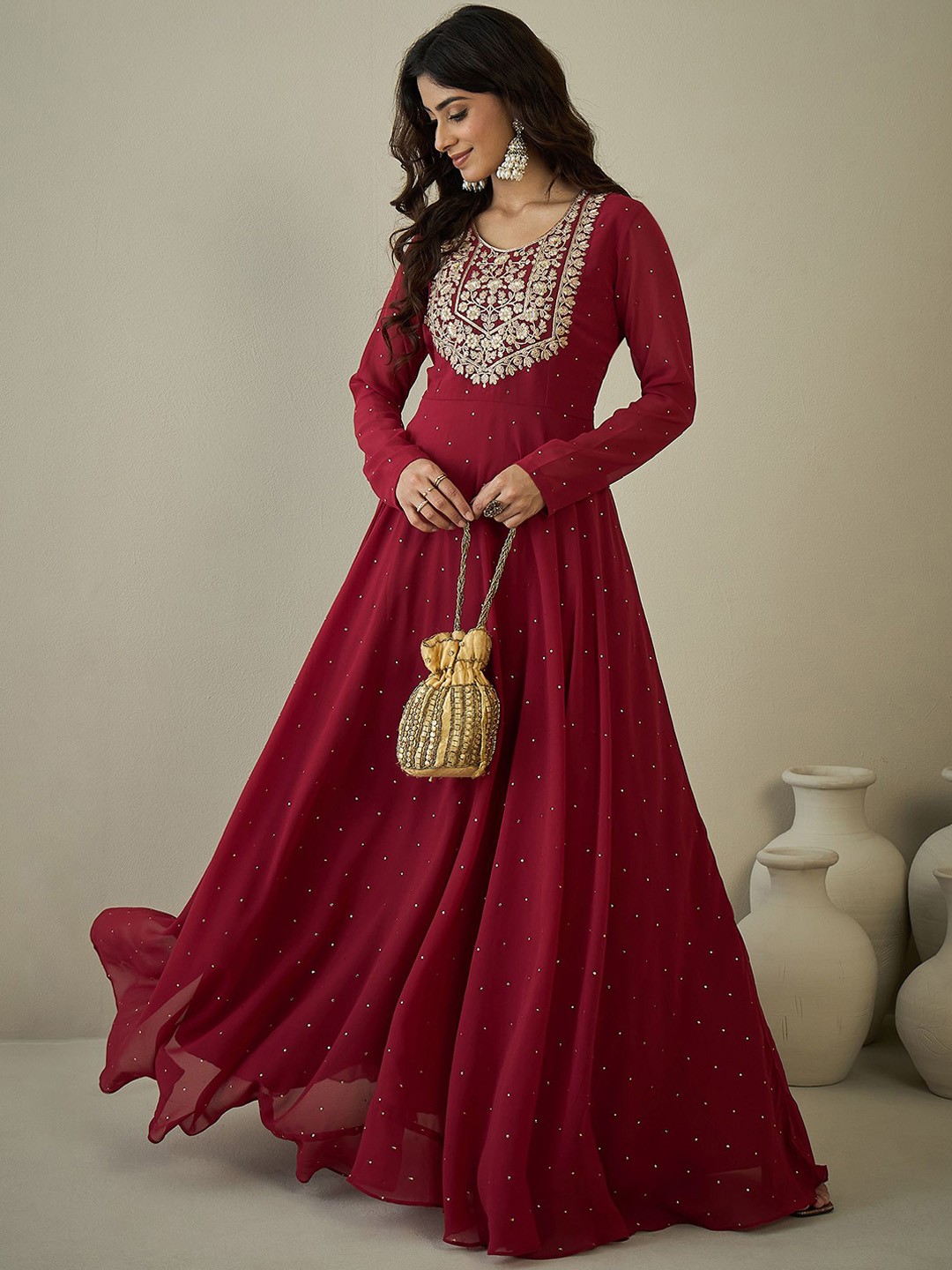 Embroidered A-Line Maxi Ethnic Dresses