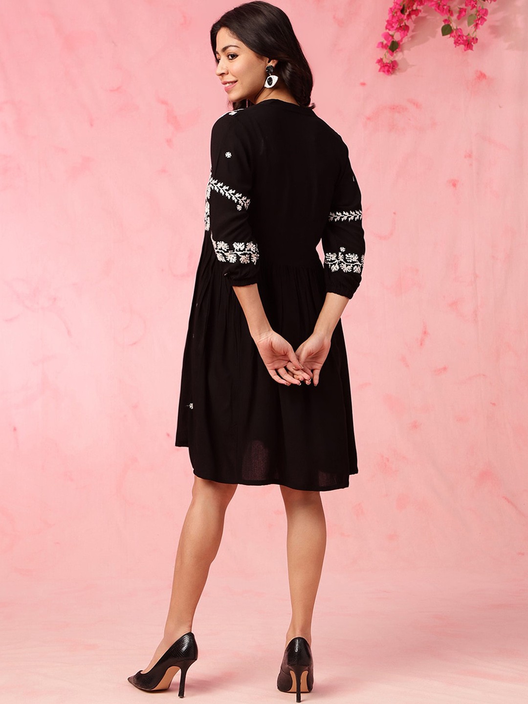 Black Floral Embroidered A-Line Knee Length Dress
