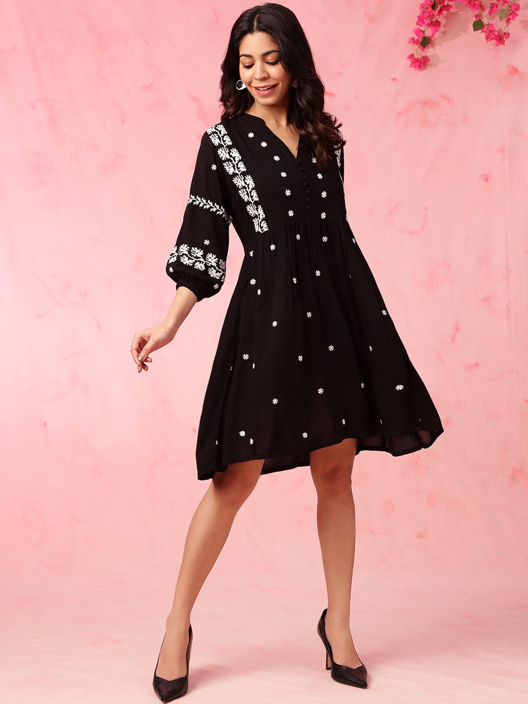 Black Floral Embroidered A-Line Knee Length Dress