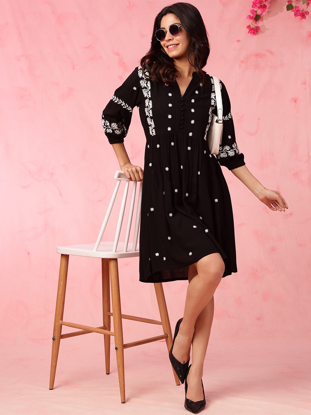 Black Floral Embroidered A-Line Knee Length Dress