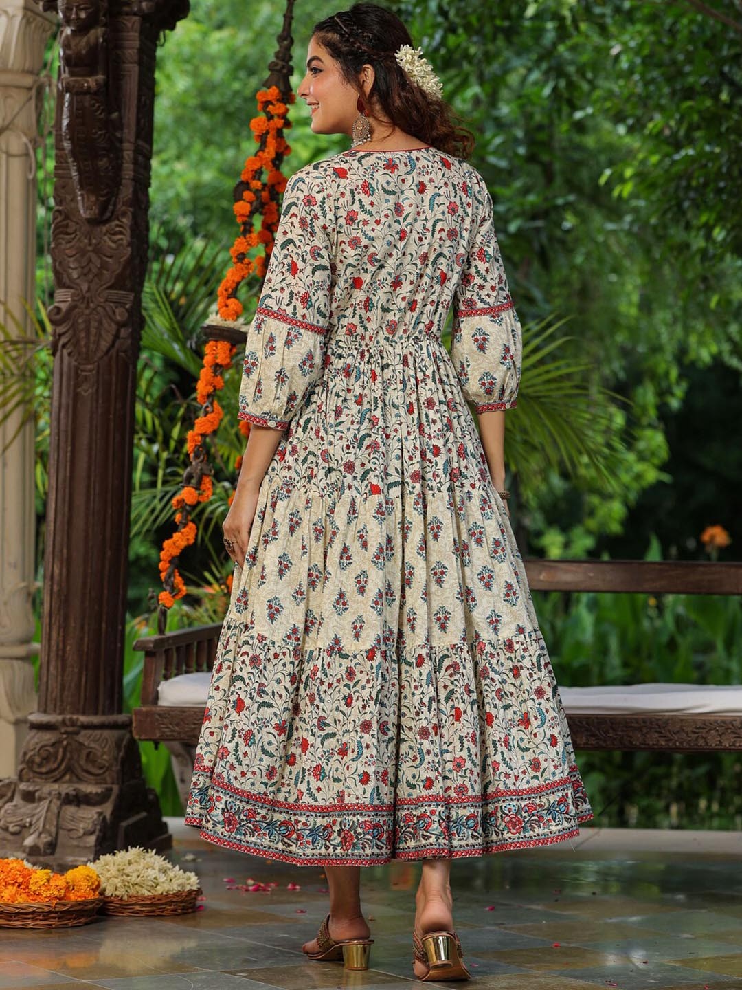 Printed Sequined Fit & Flare Maxi Dress