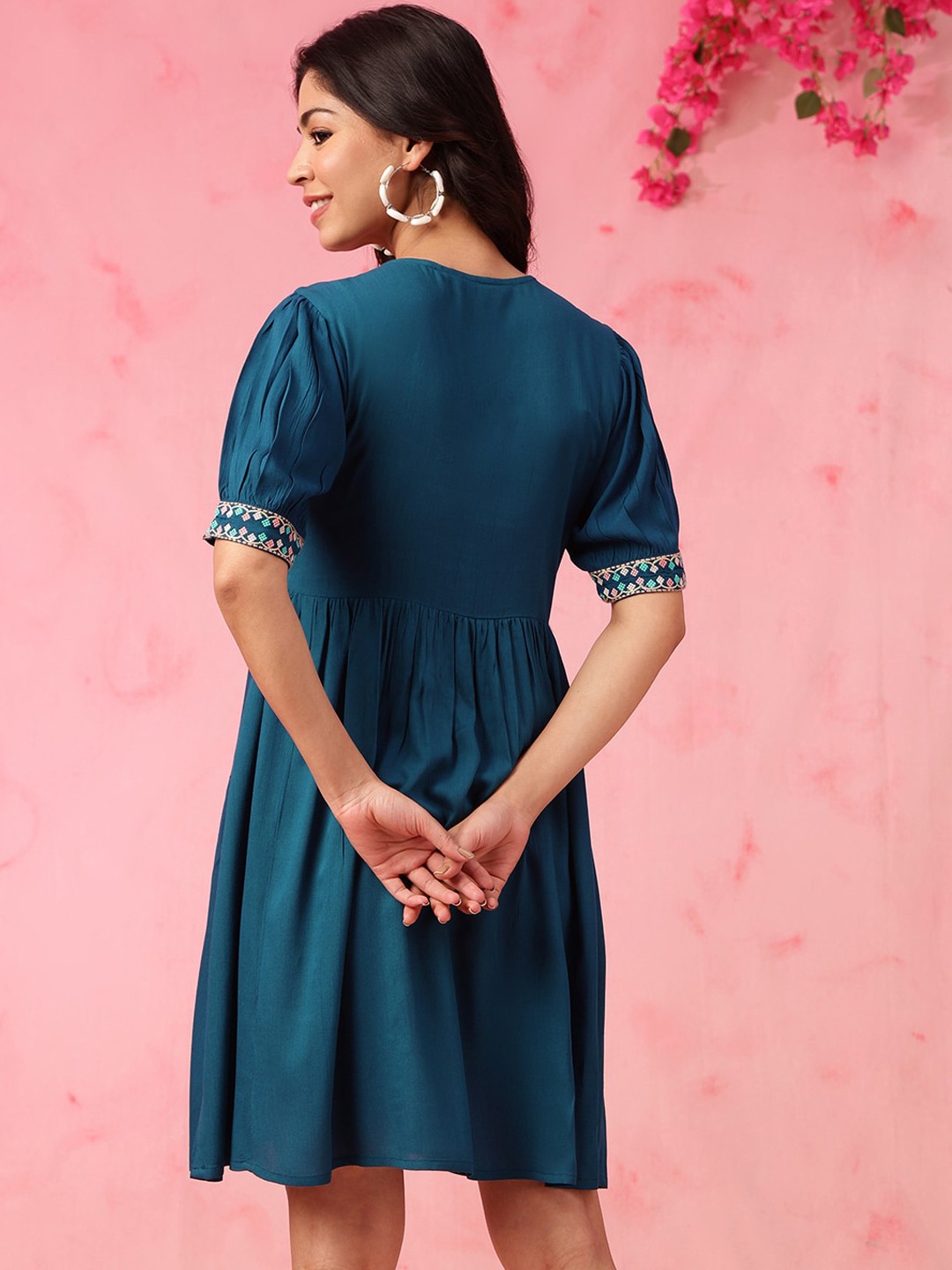 Teal Floral Embroidered Puff Sleeves A-Line Knee Length Dress