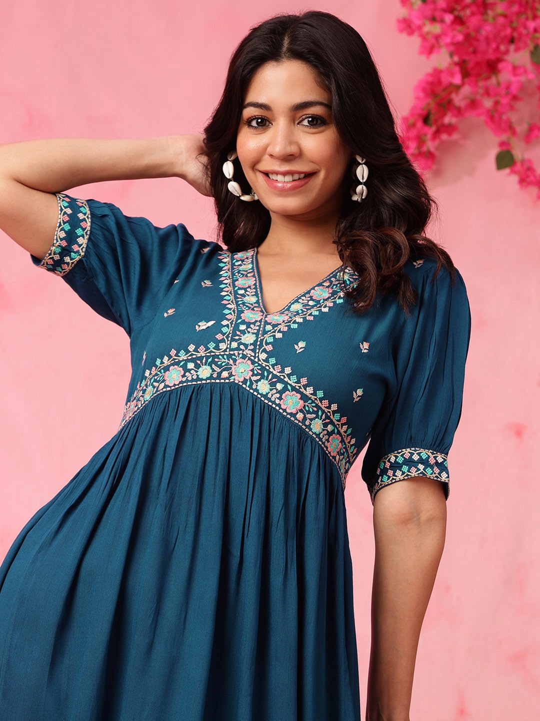 Teal Floral Embroidered Puff Sleeves A-Line Knee Length Dress