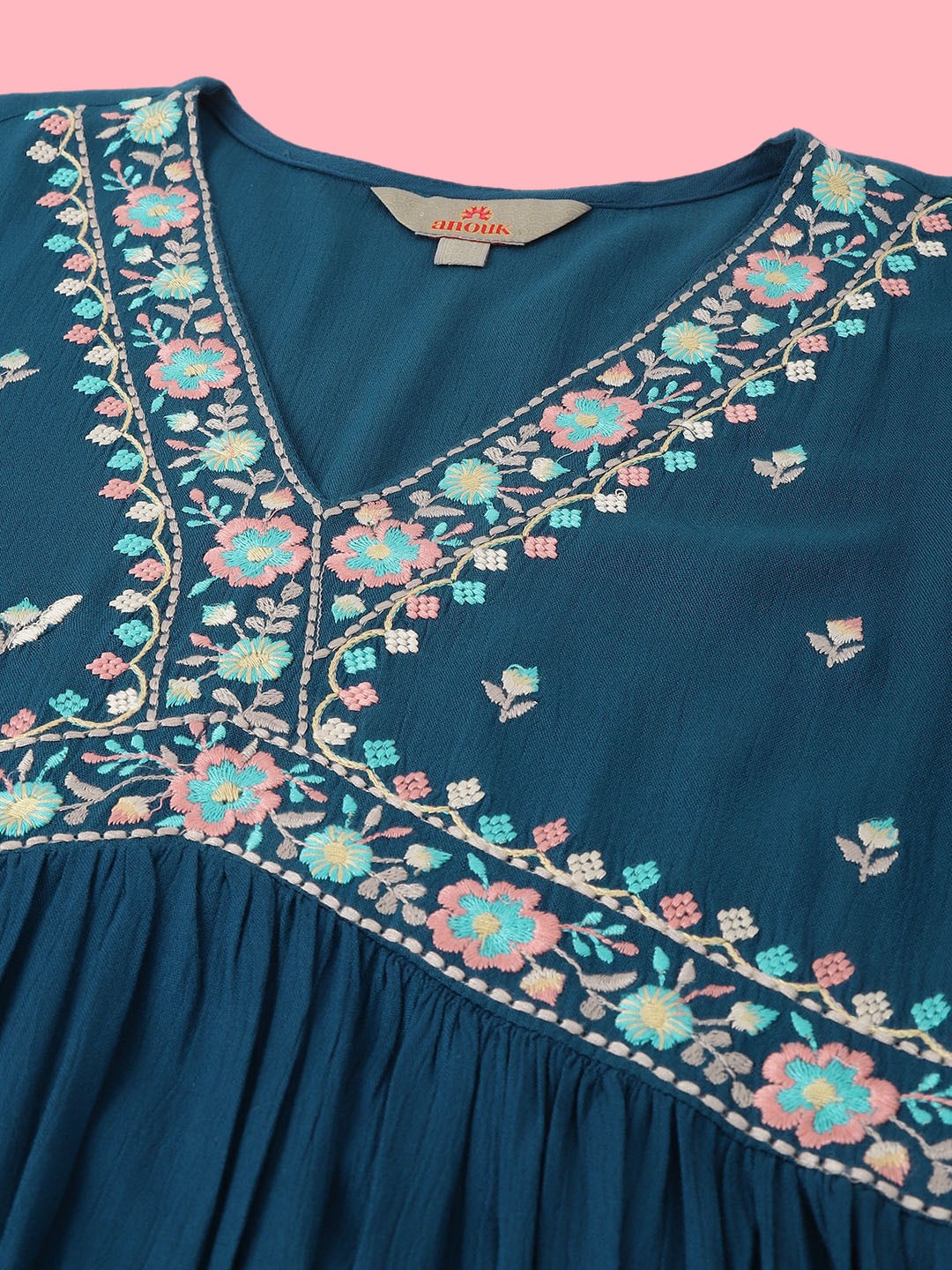 Teal Floral Embroidered Puff Sleeves A-Line Knee Length Dress