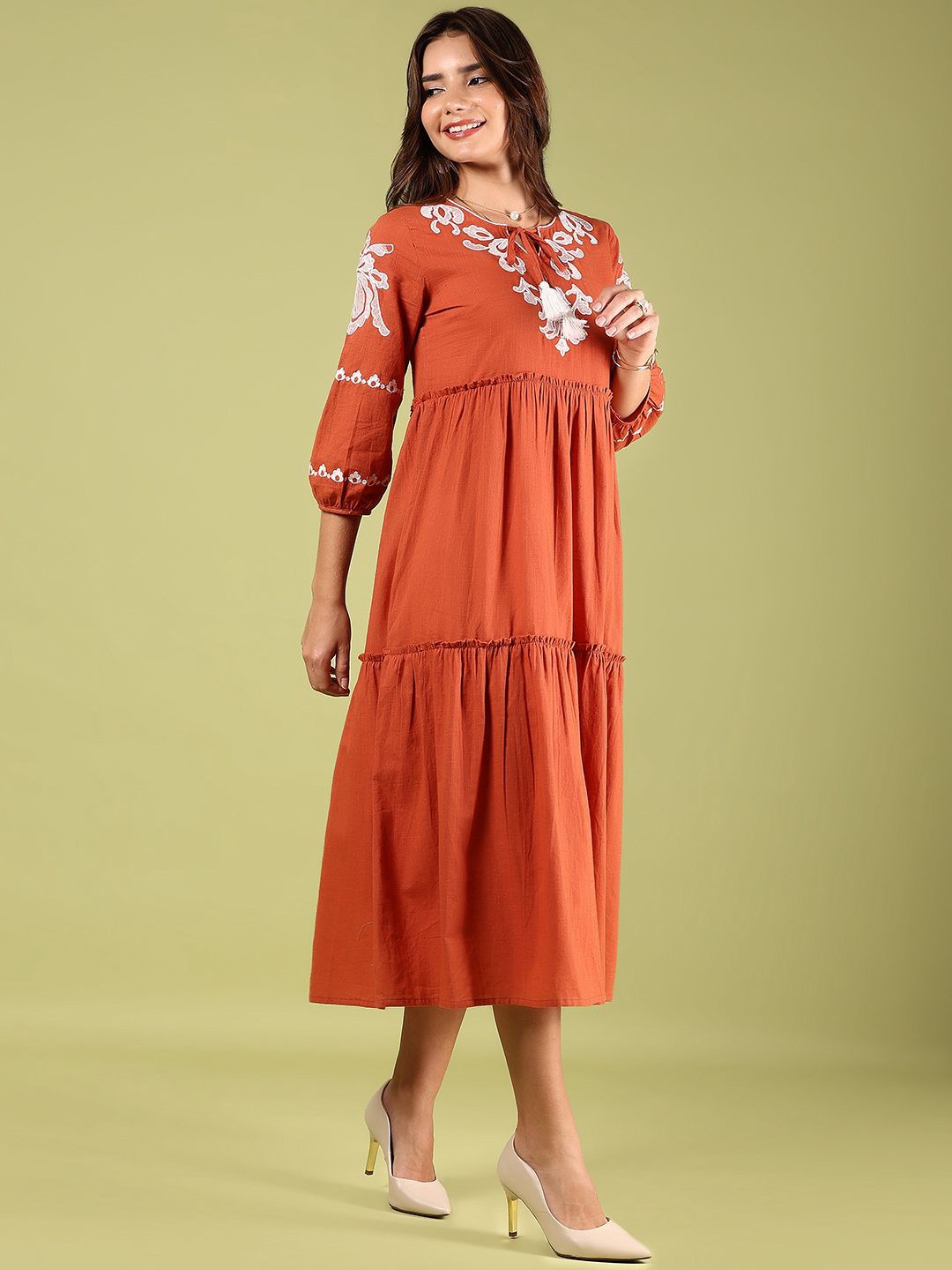 Embroidered Puff Sleeves A-Line Dress
