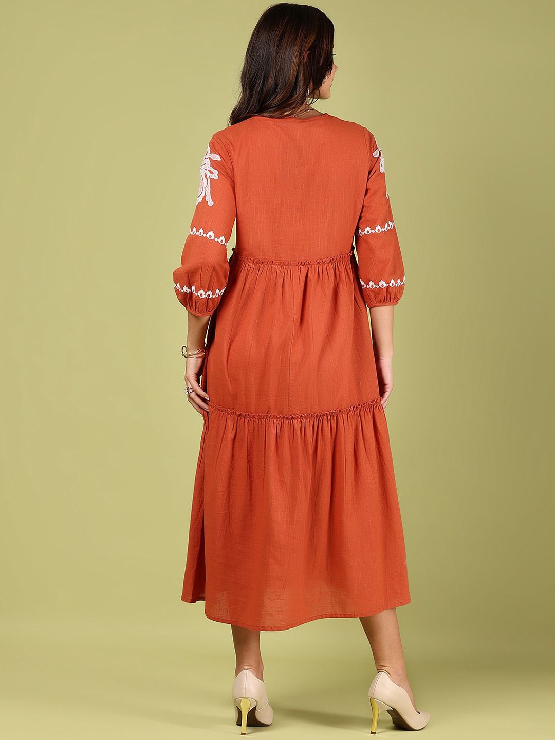 Embroidered Puff Sleeves A-Line Dress