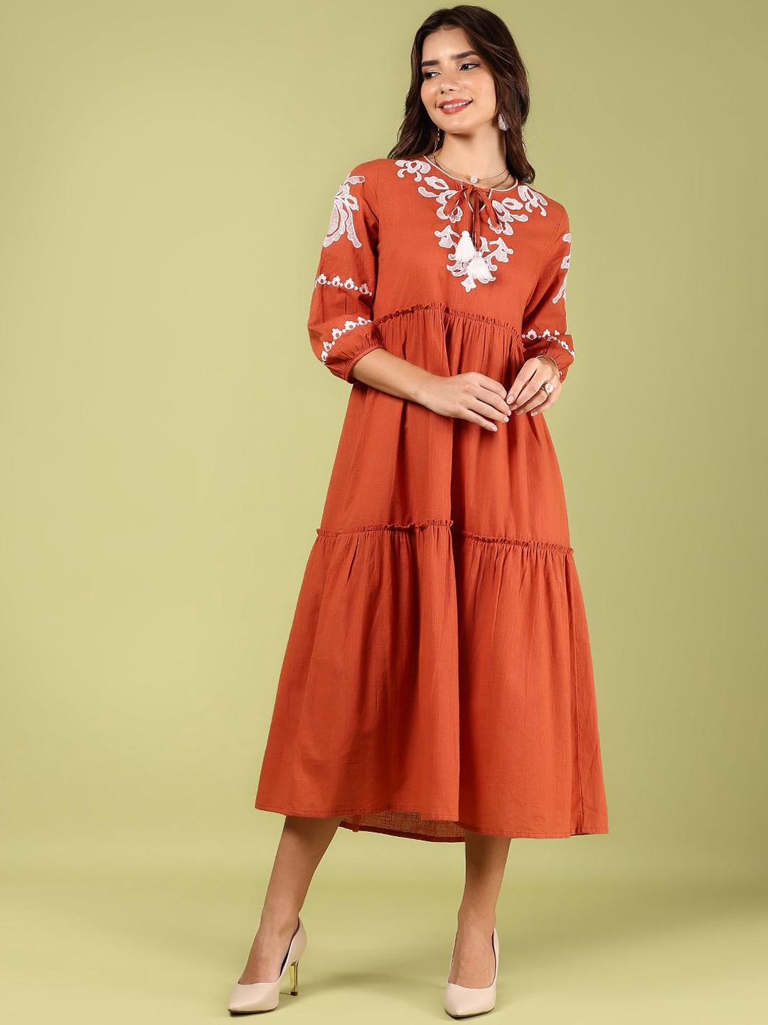 Embroidered Puff Sleeves A-Line Dress