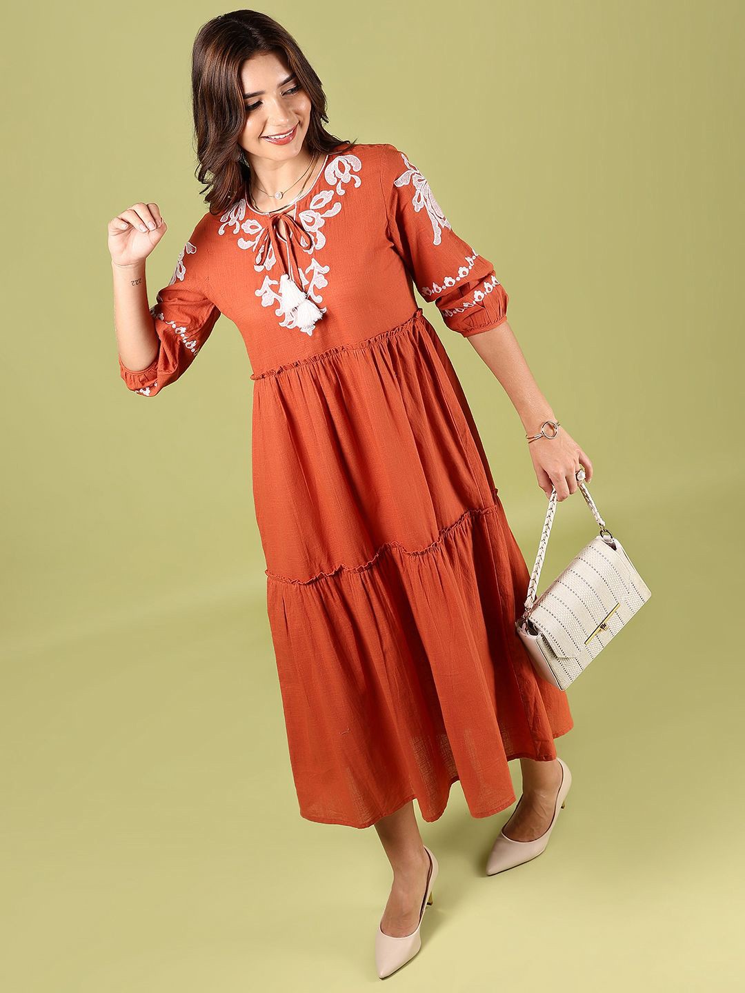 Embroidered Puff Sleeves A-Line Dress