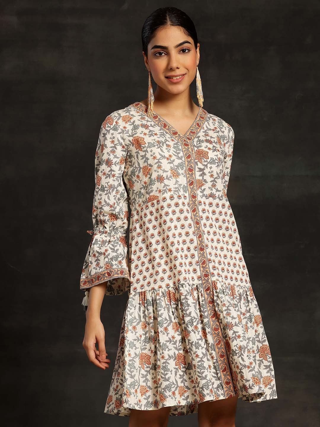 Floral Printed Bell Sleeve A-Line Dress
