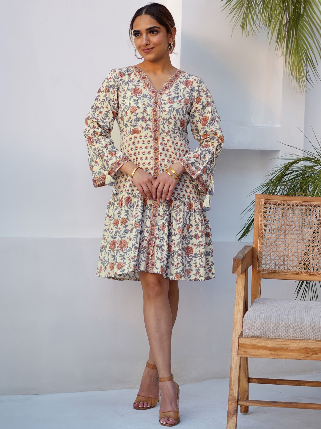 Floral Printed Bell Sleeve A-Line Dress