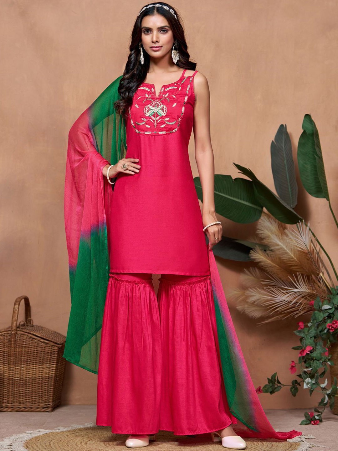 Embroidered Thread Work Straight Kurti With Sharara and Dupatta