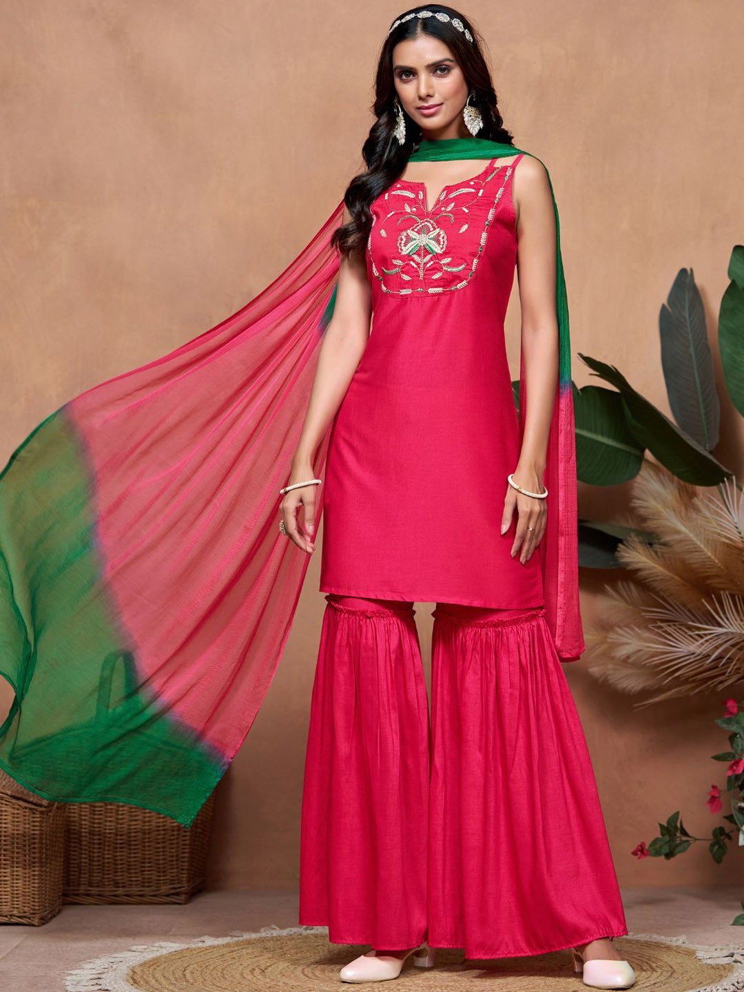 Embroidered Thread Work Straight Kurti With Sharara and Dupatta