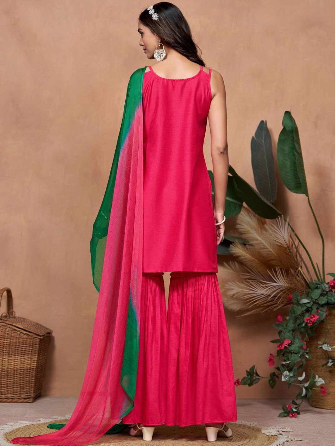 Embroidered Thread Work Straight Kurti With Sharara and Dupatta