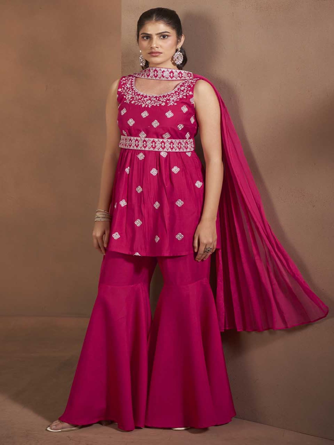 Floral Embroidered Thread Work Raw Silk Kurta With Sharara And Dupatta