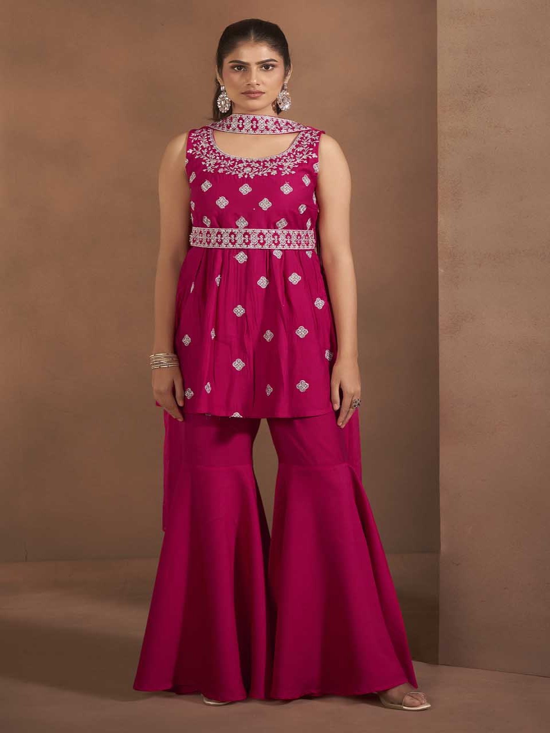 Floral Embroidered Thread Work Raw Silk Kurta With Sharara And Dupatta