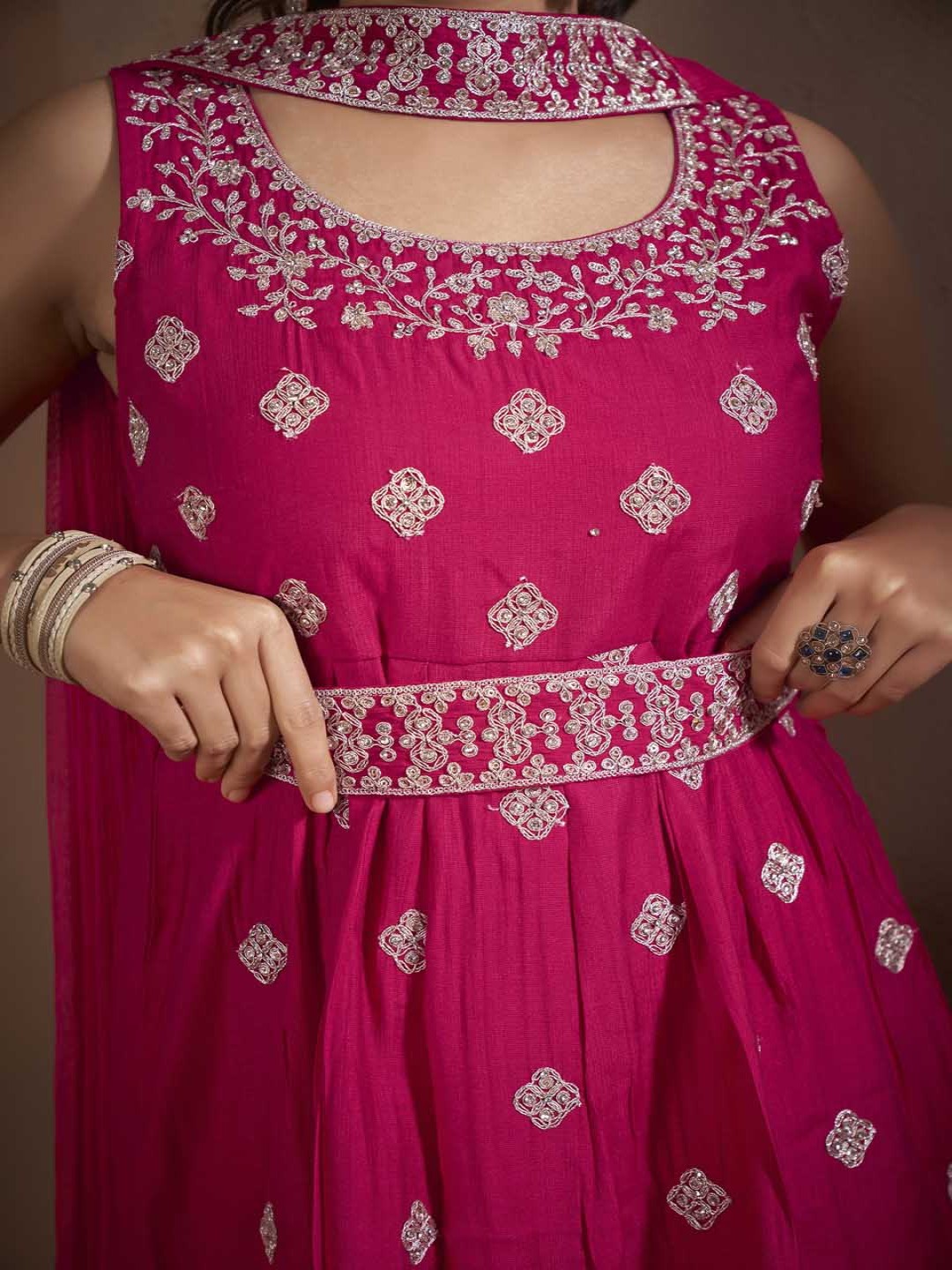 Floral Embroidered Thread Work Raw Silk Kurta With Sharara And Dupatta