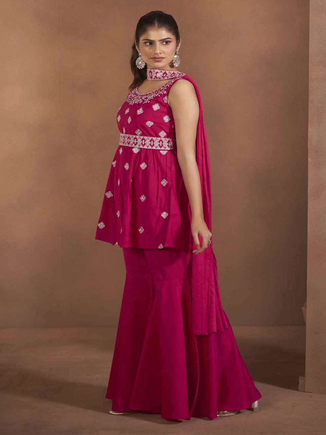 Floral Embroidered Thread Work Raw Silk Kurta With Sharara And Dupatta