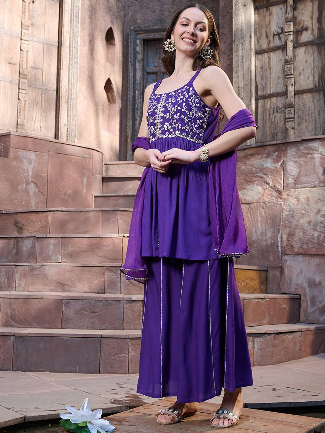  Embroidered Empire Mirror Work Kurti with Sharara & Dupatta