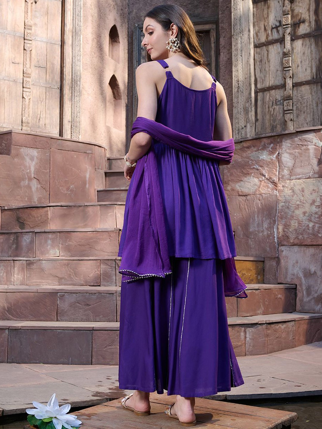  Embroidered Empire Mirror Work Kurti with Sharara & Dupatta