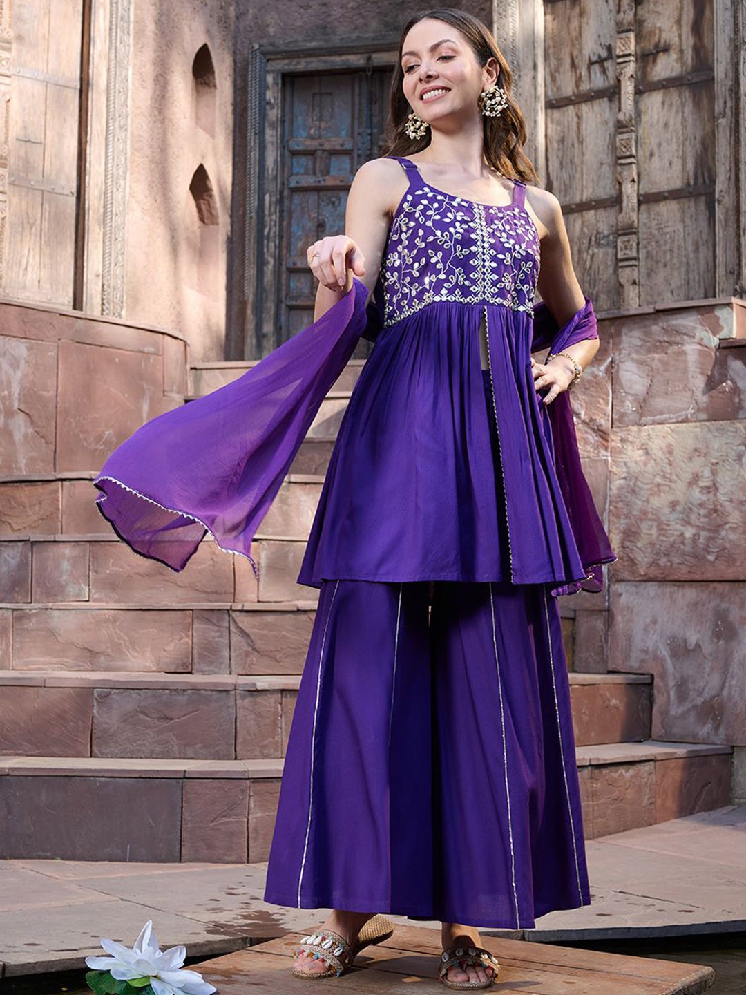  Embroidered Empire Mirror Work Kurti with Sharara & Dupatta