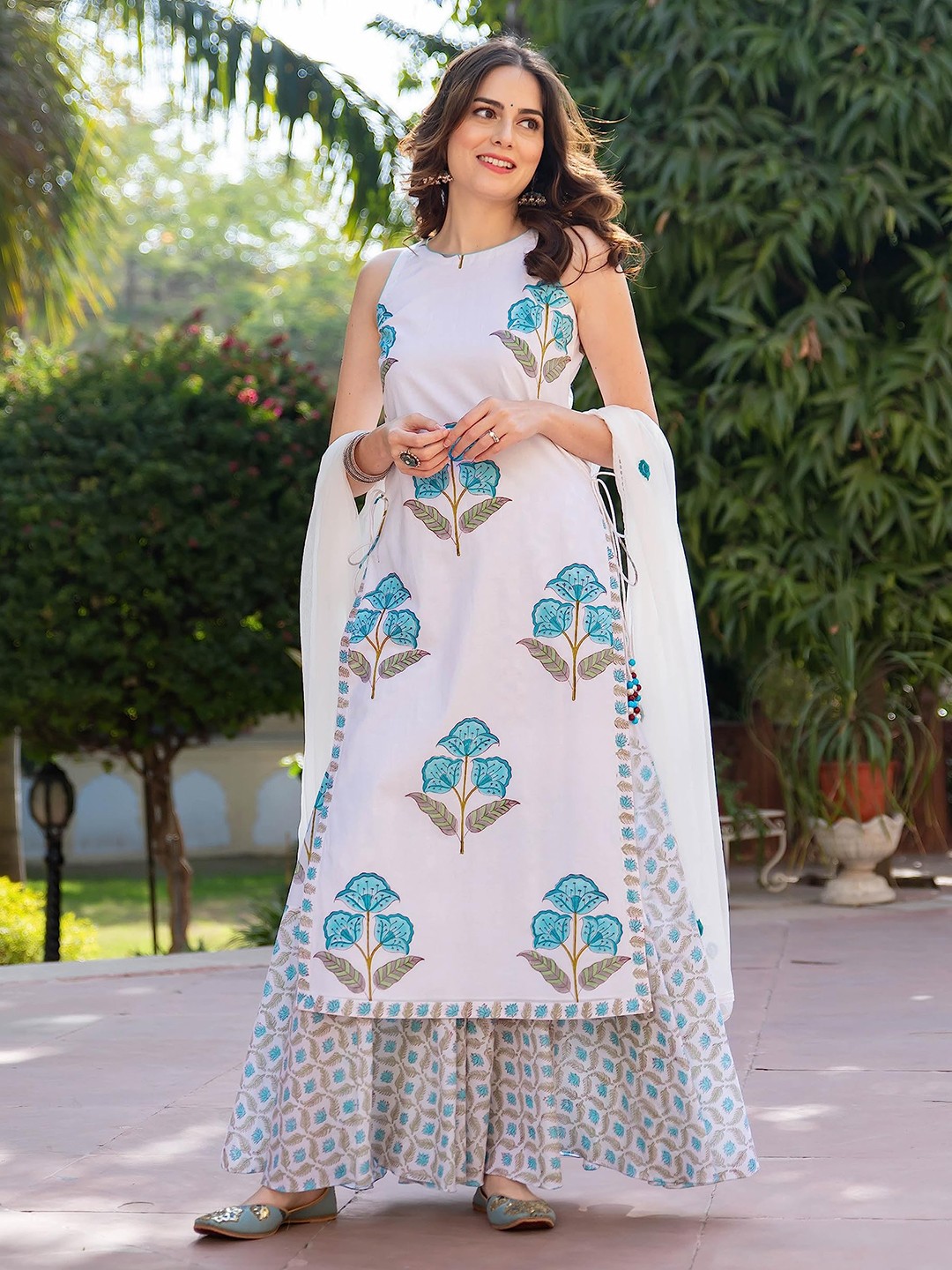 Floral Printed Regular Kurta with Sharara & With Dupatta