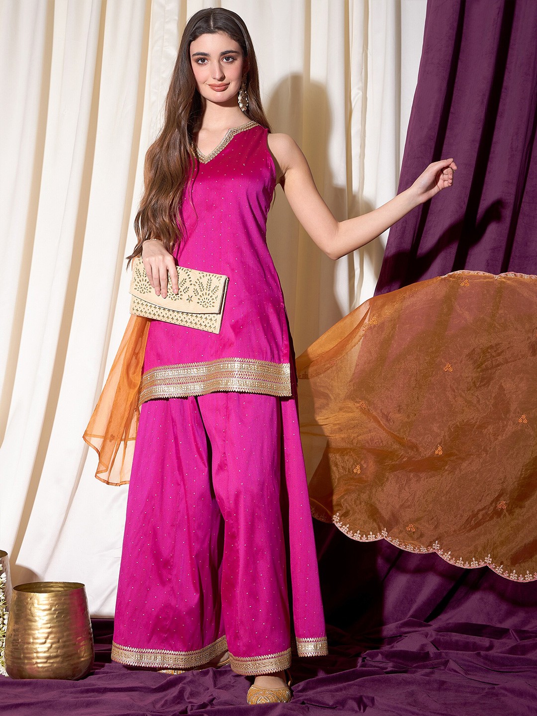 Embroidered Notch Neck Straight Kurti With Sharara