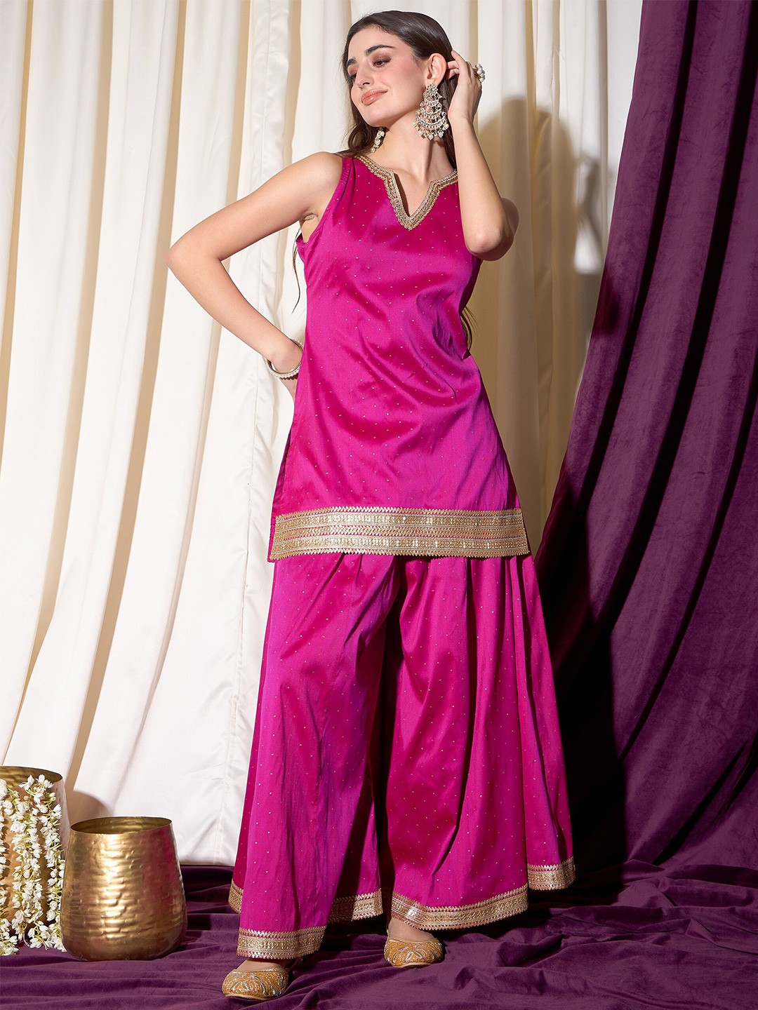 Embroidered Notch Neck Straight Kurti With Sharara