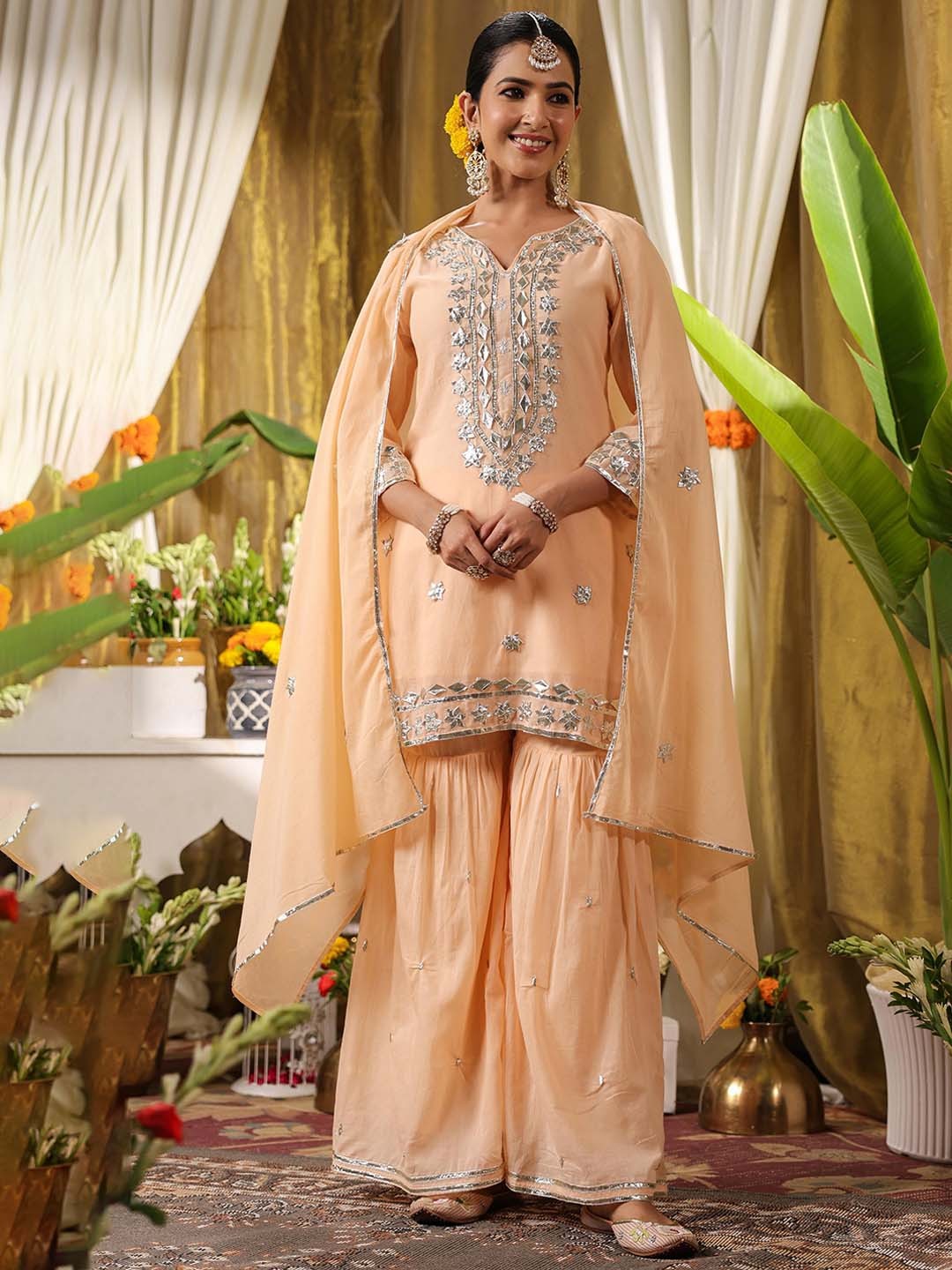 Floral Embroidered Gotta Patti Pure Cotton Straight Kurta & Sharara With Dupatta