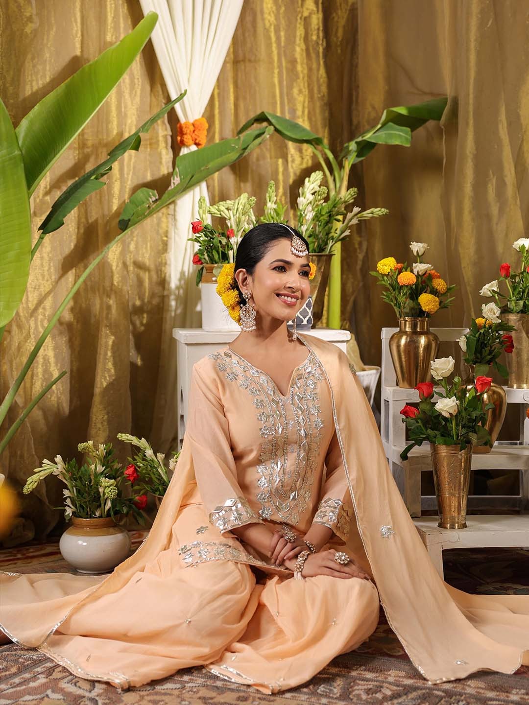 Floral Embroidered Gotta Patti Pure Cotton Straight Kurta & Sharara With Dupatta