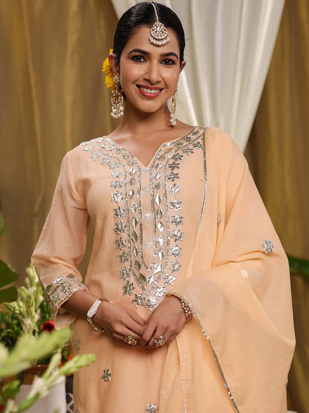 Floral Embroidered Gotta Patti Pure Cotton Straight Kurta & Sharara With Dupatta