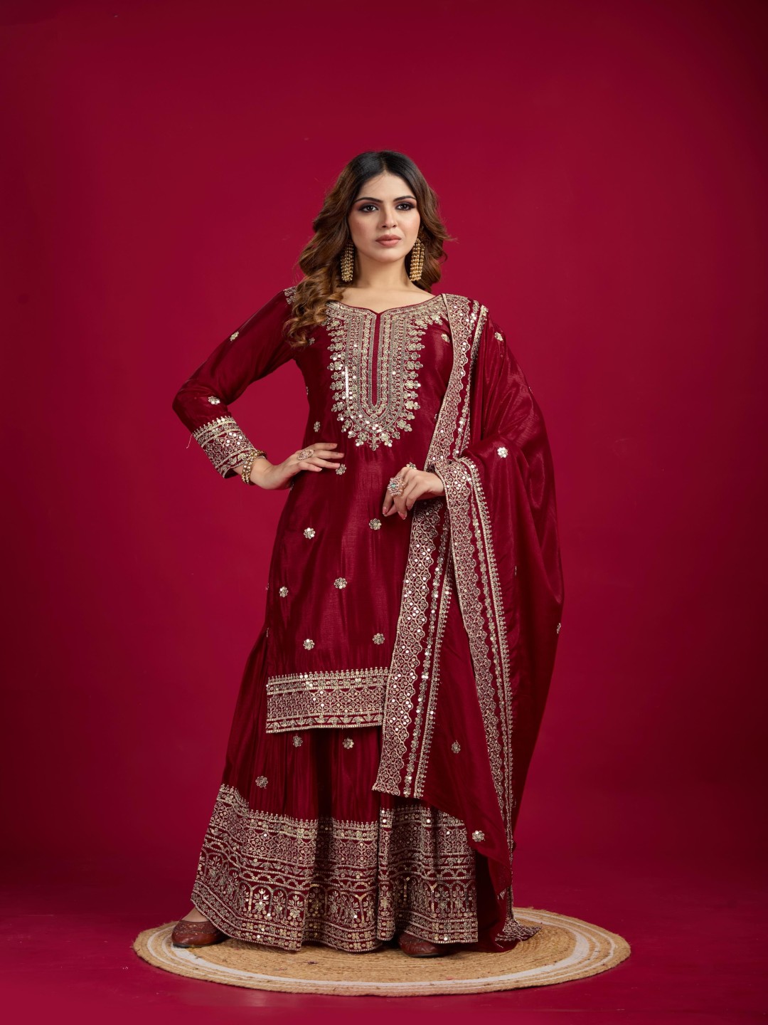 Floral Embroidered Sequinned Straight Kurta With Palazzos & Dupatta
