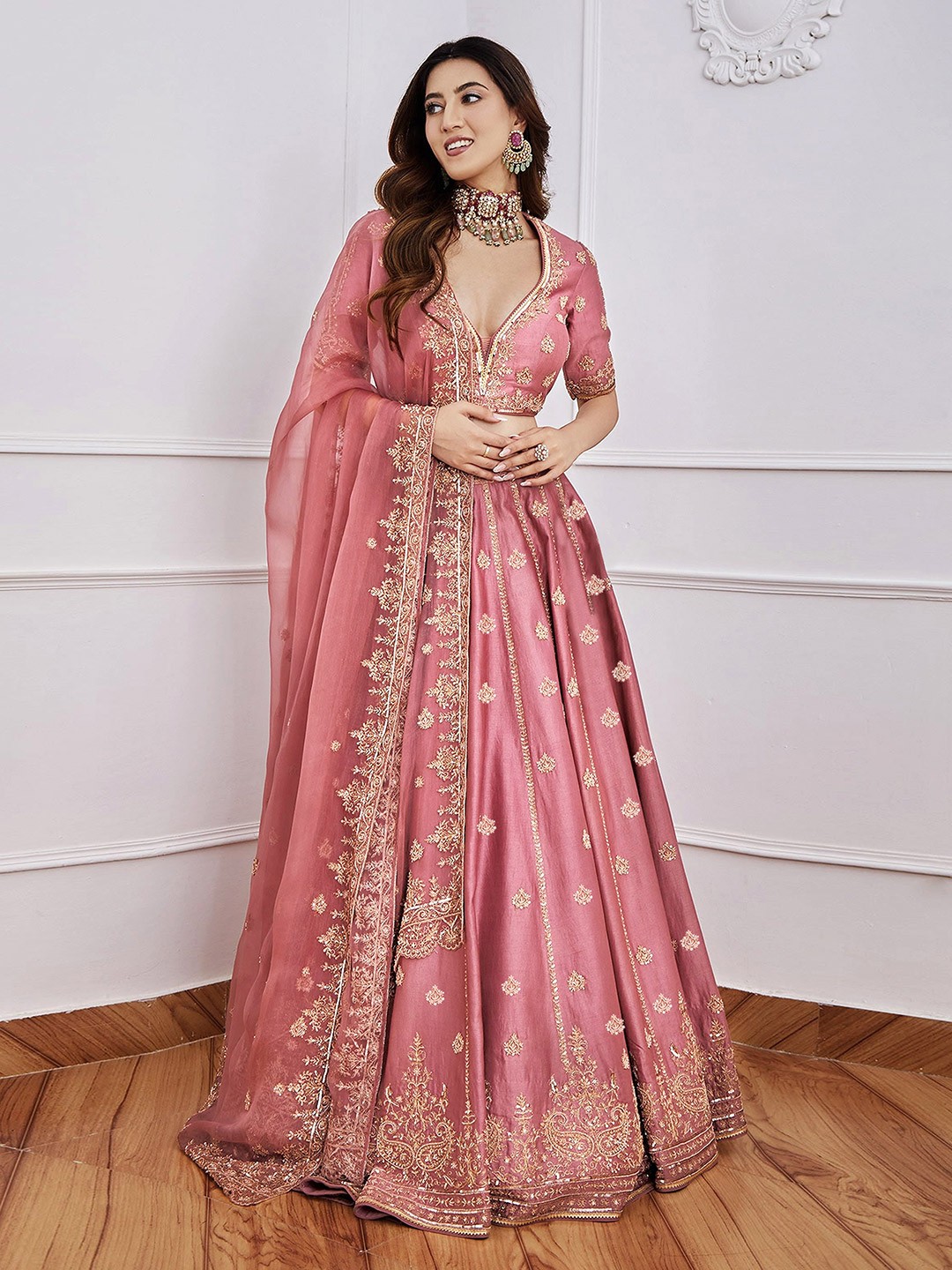 Embroidered Sequinned Semi-Stitched Lehenga